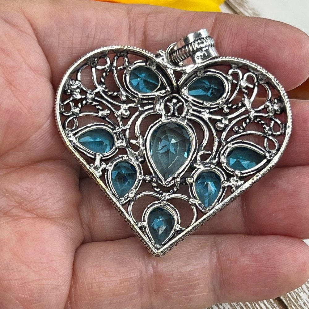 Heart Pendant Blue Topaz Large Handmade Statement 924 Stamped Bohemian Sparkler - Picture 4 of 7